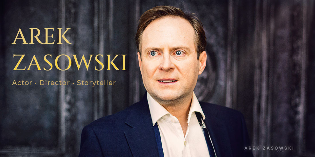 Arek Zasowski in a cinematic spy‑thriller style portrait, wearing a dark blue suit with dramatic lighting, embodying adventure and leading man presence against a bold background with gold title text reading Actor, Director, Storyteller