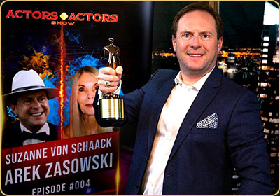 Arek Zasowski wins Bronze Telly Award — Actors By Actors Show, Episode 004 Arek Zasowski smiling and holding the Bronze Telly Award trophy for Actors By Actors Show – Episode 004, winner of the Television – Entertainment category at the 44th Annual Telly Awards in New York, May 2023