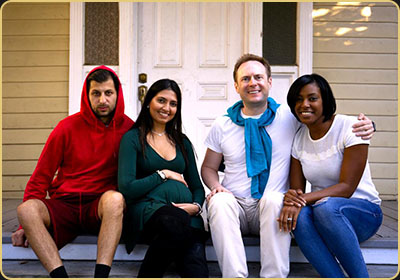 Arek Zasowski with cast of Life Is Beautiful on Universal Studios backlot – October 2018 Arek Zasowski seated with three fellow actors on the steps of a house set at Universal Studios Hollywood during the filming of Life Is Beautiful, a short film created during a NYFA acting workshop in October 2018