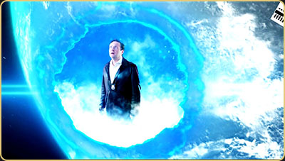 Detective Jack Berdett Teleported to Orbit – VFX Sci-Fi Short Film Still Arek Zasowski as Detective Jack Berdett inside a glowing blue space portal above Earth, still from a VFX-driven sci-fi comedy short film