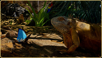 Unreal Engine jungle scene with iguana and butterfly from Guardians of the Secrets of the Luminara Challenge Arek Zasowski’s 3D animated jungle scene showing a detailed iguana watching a glowing blue butterfly in Guardians of the Secrets of the Luminara Challenge