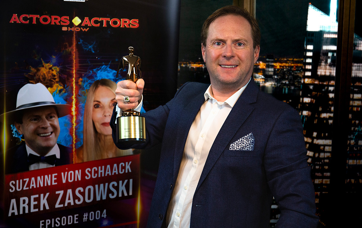 Arek Zasowski holding the Bronze Telly Award won for Actors By Actors Show Episode 004