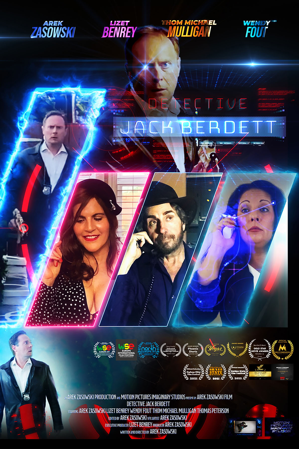 Detective Jack Berdett official sci-fi comedy movie poster featuring Arek Zasowski, Lizet Benrey, Thom Michael Mulligan, and Wendy Fout.