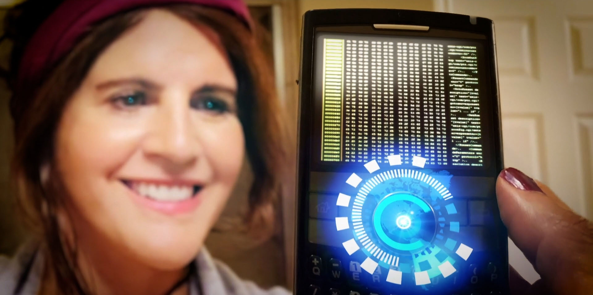 Encrypted holographic phone transmission received with Lizet Benrey