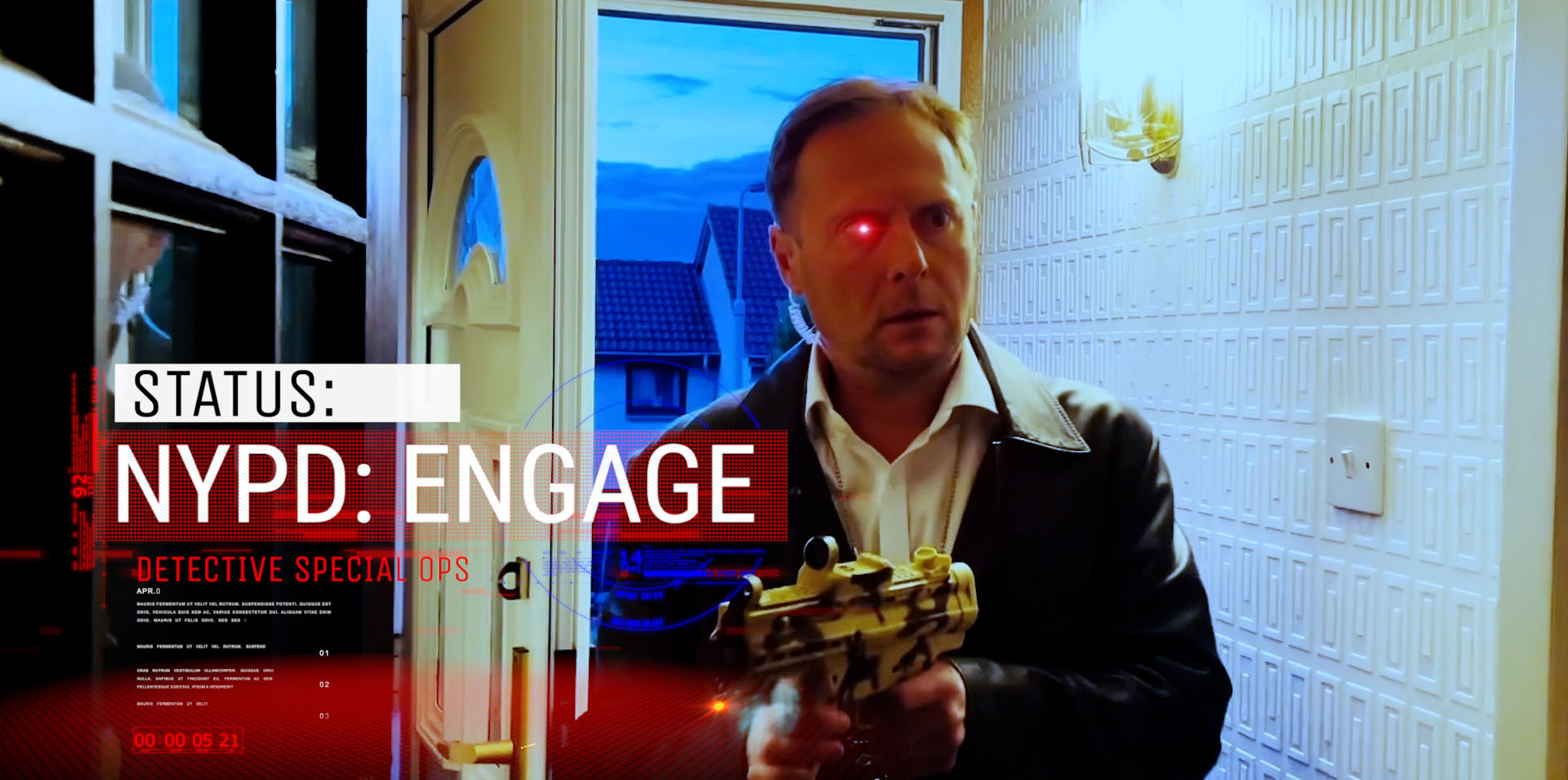 NYPD engage alert glowing on futuristic HUD in Detective Jack Berdett