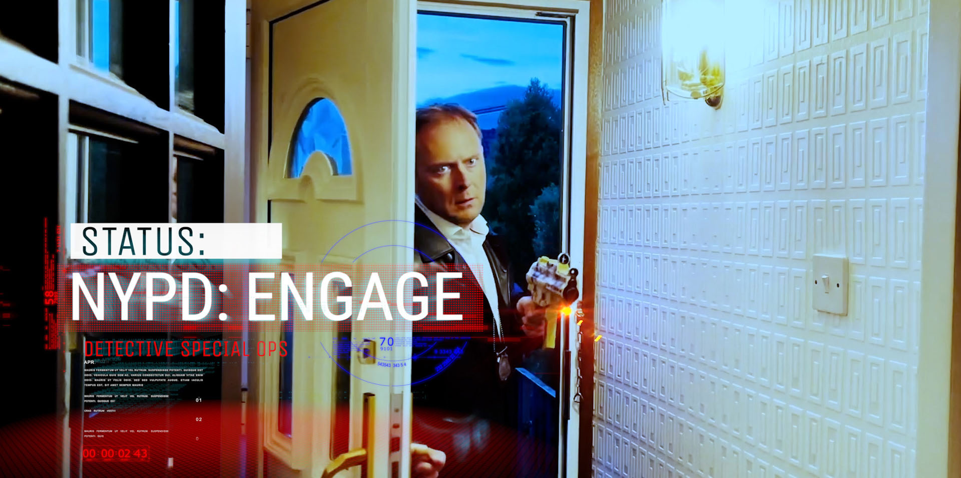NYPD engage order displayed on futuristic HUD in Detective Jack Berdett