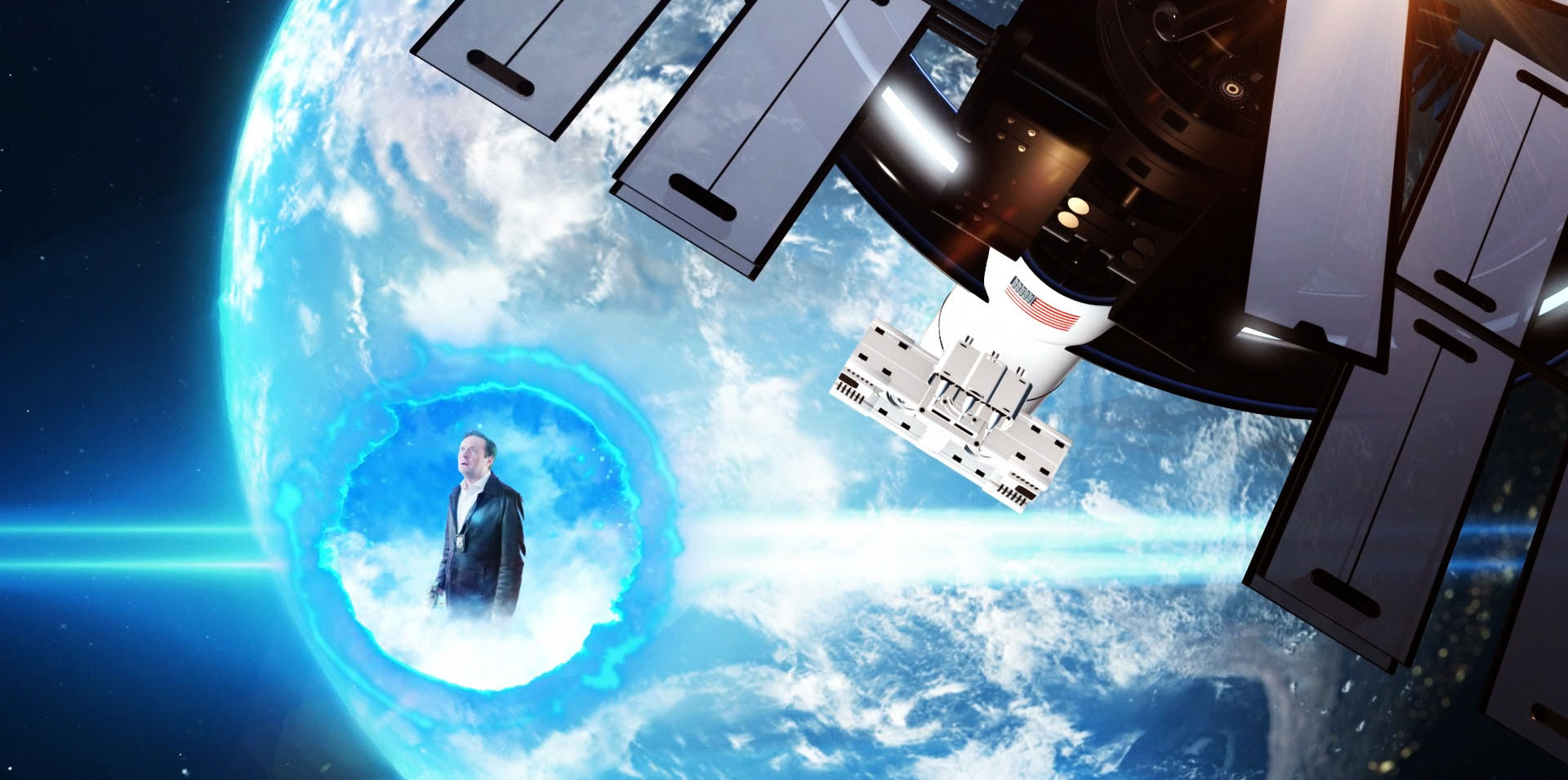 Detective Jack Berdett opening an interdimensional space portal, Arek Zasowski in sci-fi action frame