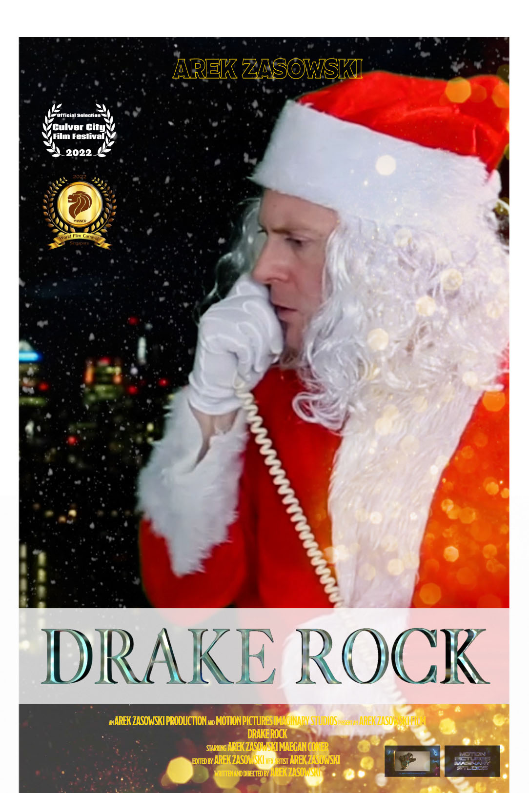Drake Rock Christmas Episode festive comedy sitcom poster featuring Arek Zasowski as Santa defending the right to deliver Christmas presents during a pandemic.