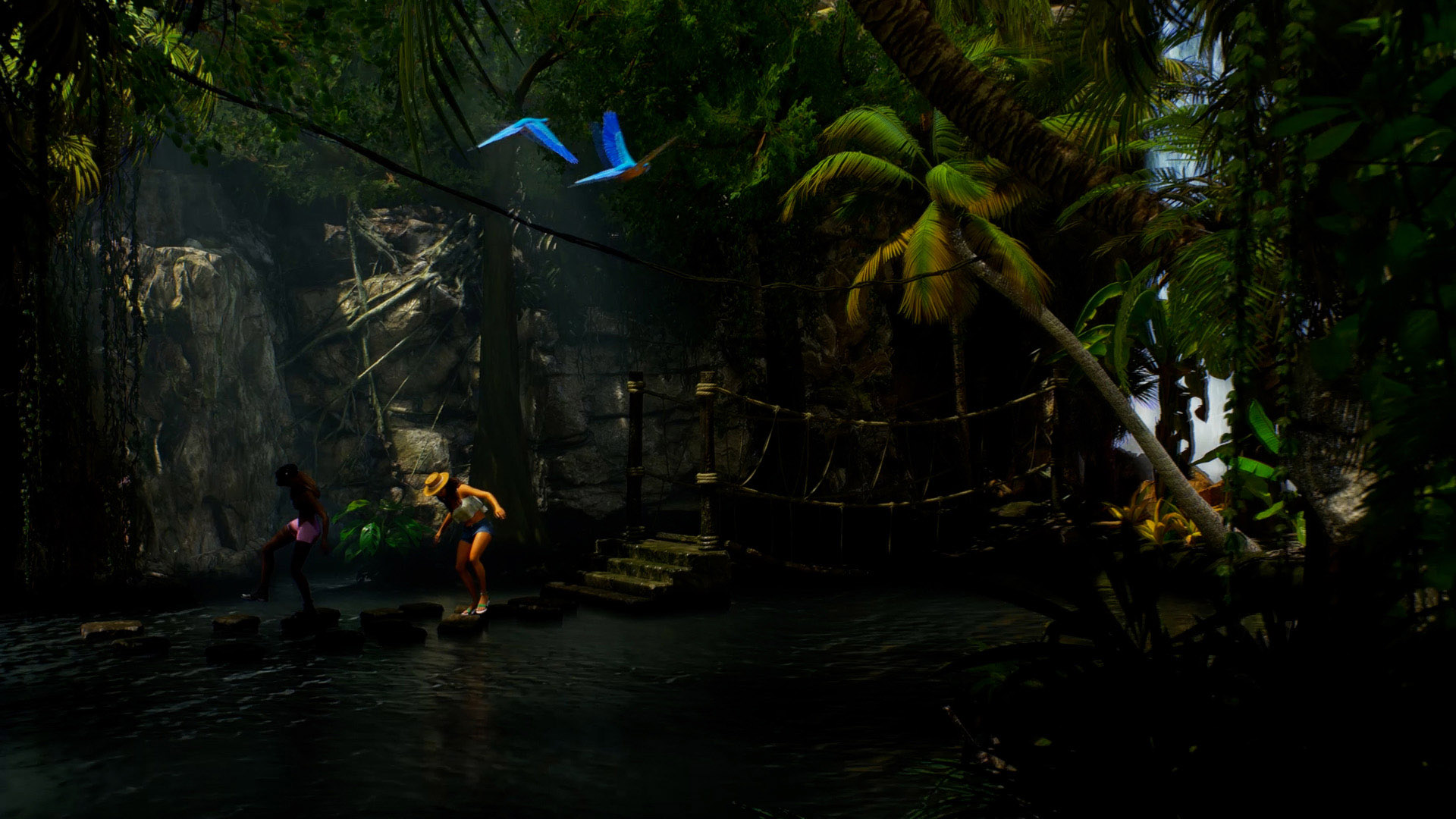 Cinematic jungle still from Guardians of the Secrets of the Luminara Challenge featuring two explorers and flying parrots
