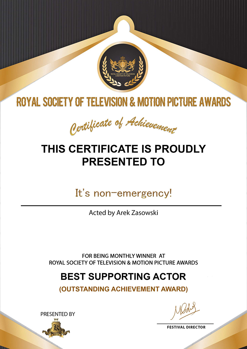 Arek Zasowski Best Supporting Actor Outstanding Achievement Award for It's non-emergency! at Royal Society of Television & Motion Picture Awards 2024