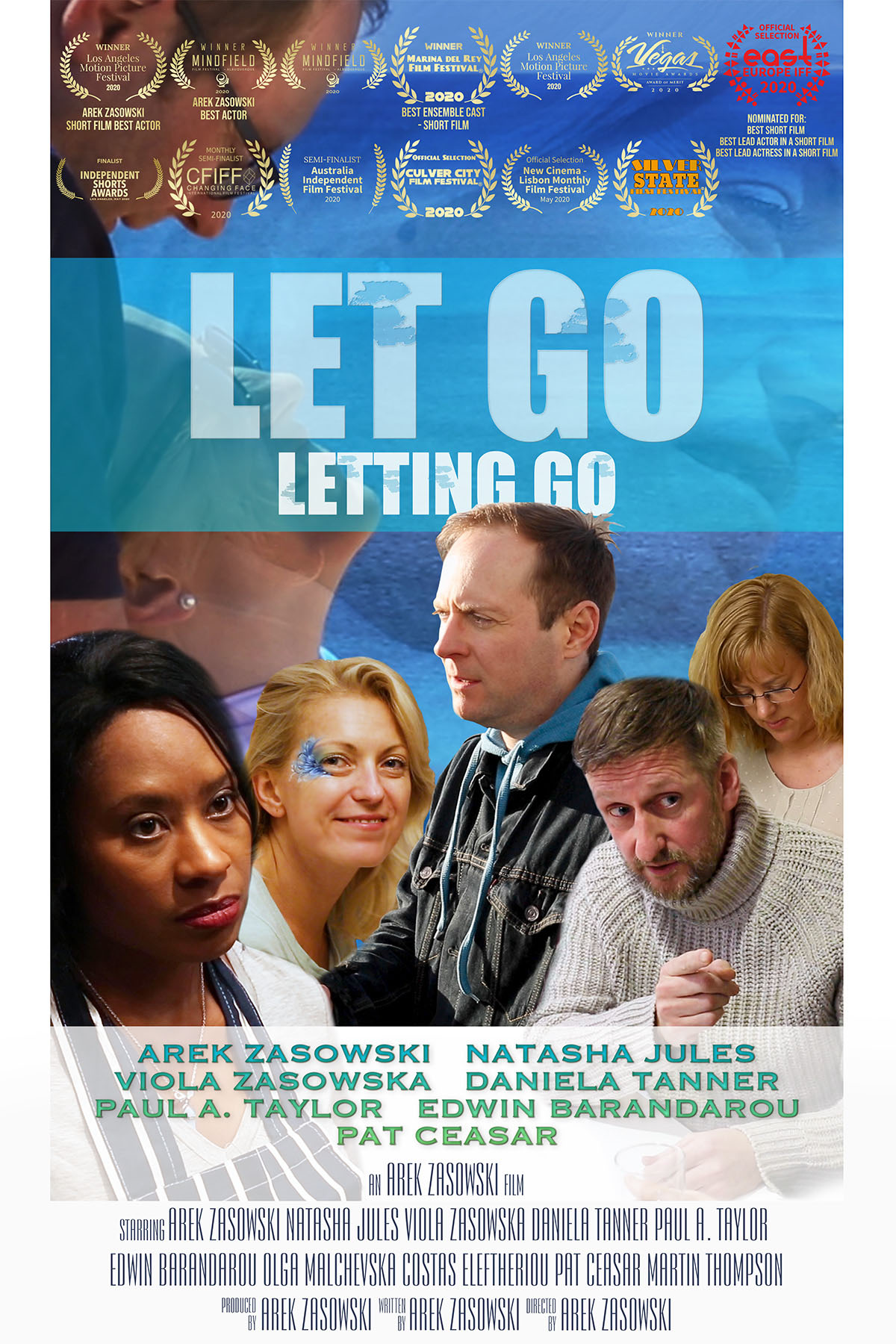 Official poster for Let Go Letting Go, award winning romantic drama short film directed by and starring Arek Zasowski