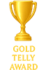Gold Telly Award icon trophy on black background representing excellence in video, film, and animation