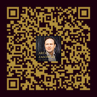 QR code linking to Arek Zasowski's Linktree, displayed on a dark gold background with his cinematic portrait in the center