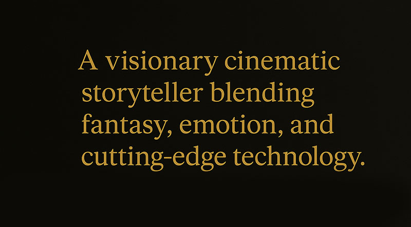 Arek Zasowski – Visionary Cinematic Storyteller Quote image stating "A visionary cinematic storyteller blending fantasy, emotion, and cutting-edge technology" in gold text on a black background