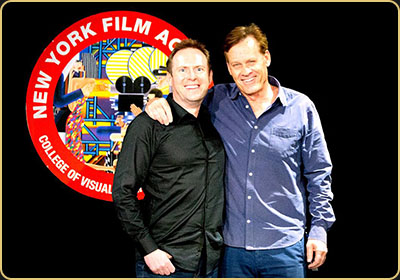 Arek Zasowski with Bruce MacWilliams — NYFA Los Angeles, October 2018 Arek Zasowski smiling alongside director Bruce MacWilliams in front of the New York Film Academy emblem during his Acting for Film training in Los Angeles, October 2018