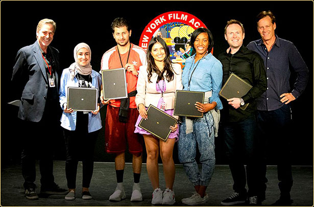 Arek Zasowski at NYFA Acting for Film Workshop Screening, Los Angeles 2018 Arek Zasowski holding certificate at the New York Film Academy screening ceremony in Los Angeles, surrounded by fellow actors and instructors Bruce MacWilliams and Martin Thompson
